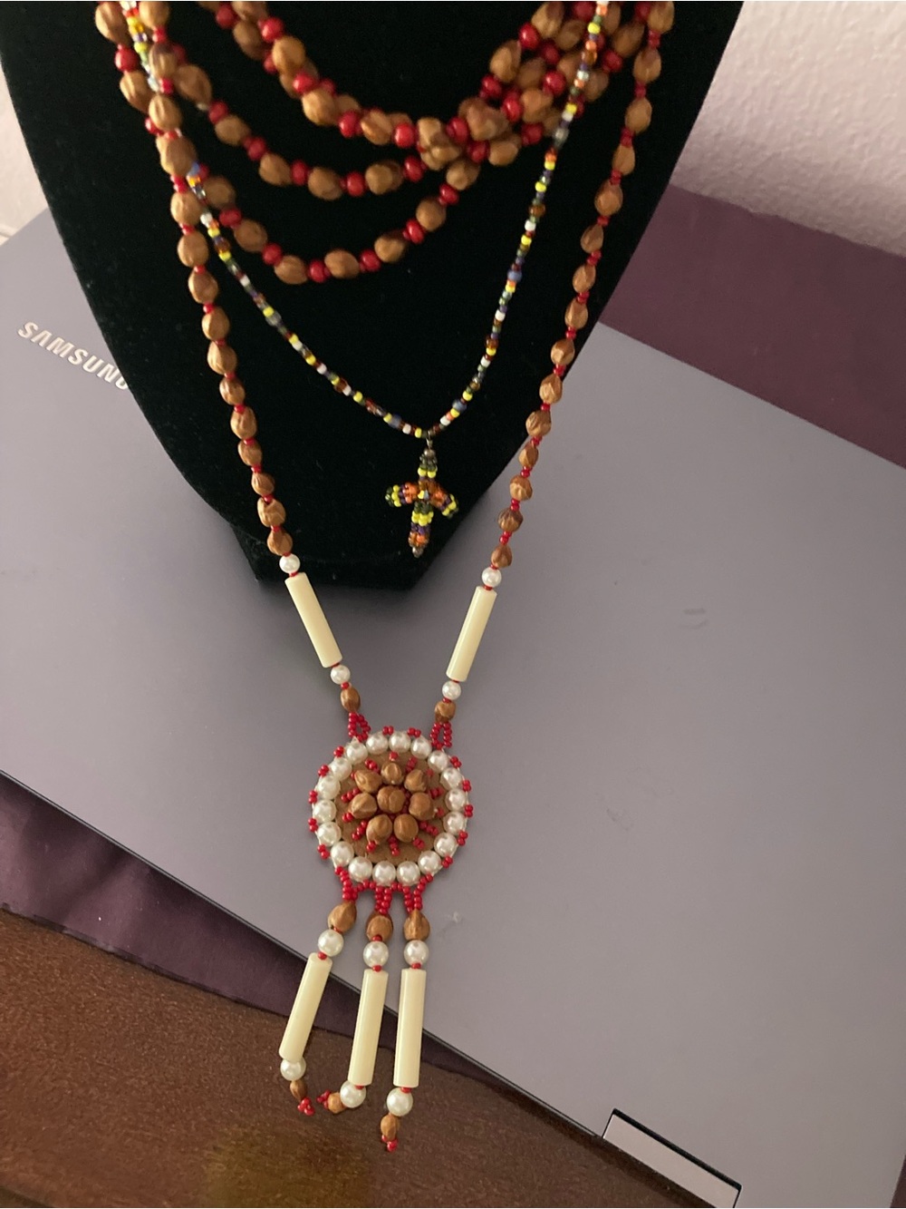 Boho Red and Brown Beaded Pendant Necklace
